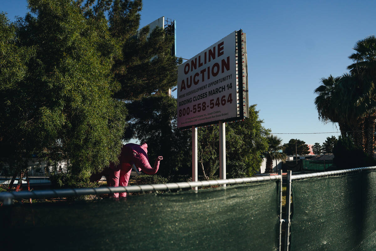 A pink elephant statue is seen at the Diamond Inn Motel on Thursday, Dec. 28, 2023, in Las Vega ...