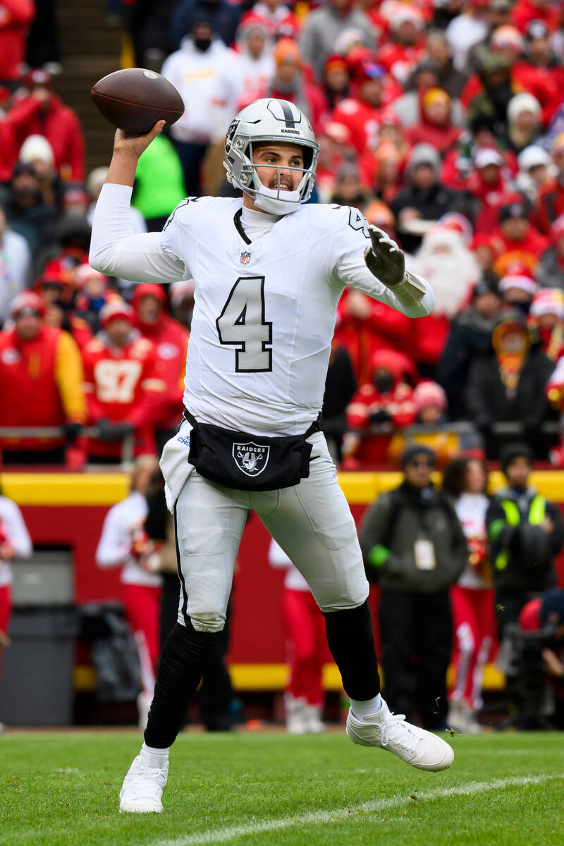 Las Vegas Raiders quarterback Aidan O'Connell passes during the first half of an NFL football g ...
