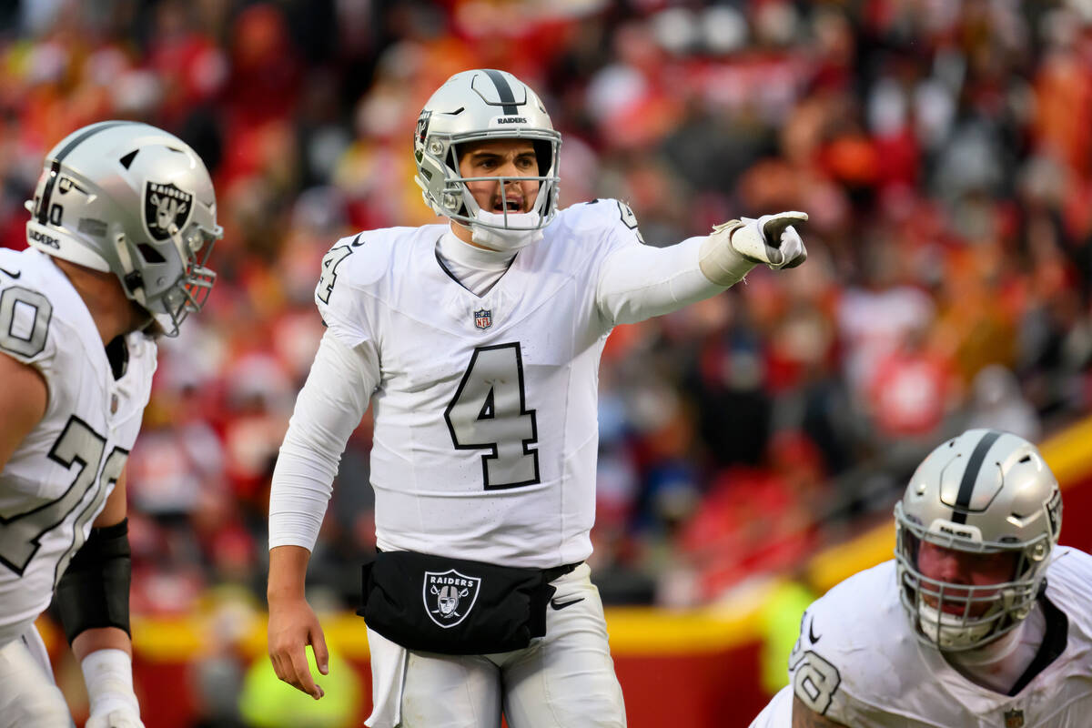 Las Vegas Raiders quarterback Aidan O'Connell (4) calls out directions to his team during the s ...