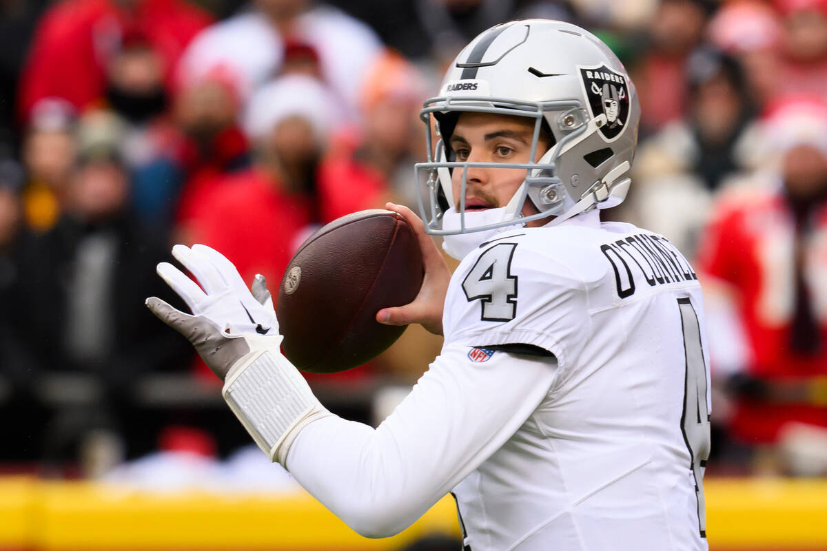 Las Vegas Raiders quarterback Aidan O'Connell looks to pass against the Kansas City Chiefs duri ...