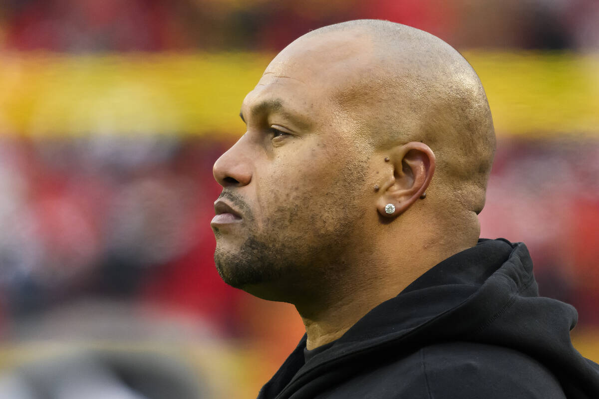 Las Vegas Raiders interim head coach Antonio Pierce watches as time runs down in their win over ...