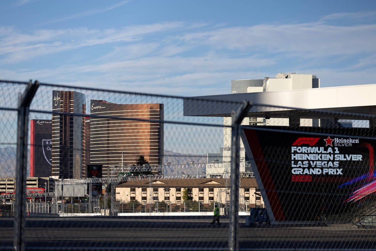 The Formula One Las Vegas Grand Prix pit building is seen with the Las Vegas Strip on Friday, D ...