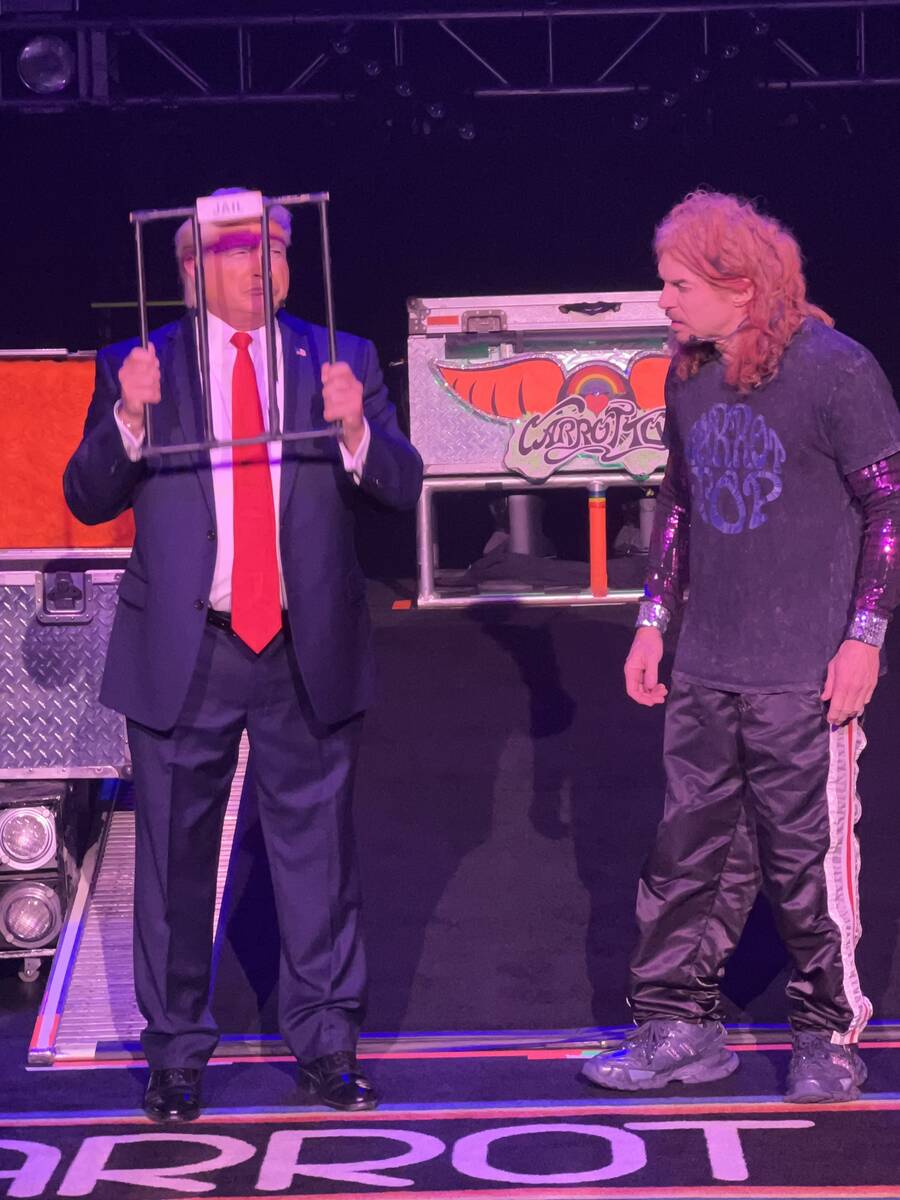 John Di Domenico as Donald Trump is shown with Carrot Top at Luxor's Atrium Showroom on Monday, ...