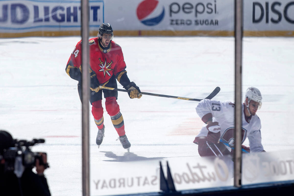 Vegas Golden Knights defenseman Nicolas Hague (14) reacts as Colorado Avalanche right wing Vale ...