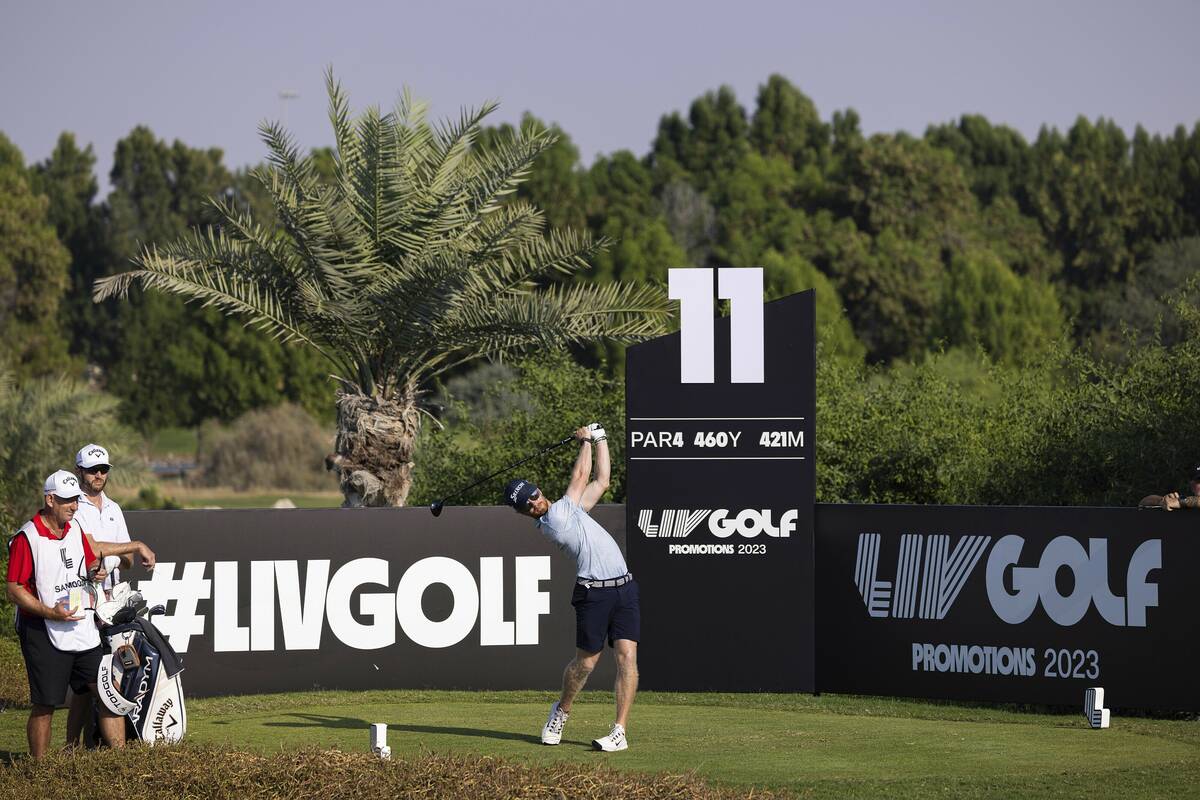 Kieran Vincent of Zimbabwe hits his shot from the 11th tee during the final round of the LIV Go ...