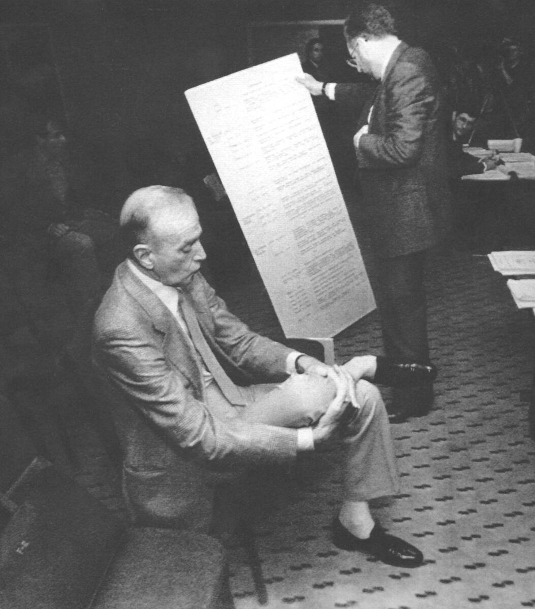 Las Vegas casino operator Frank "Lefty" Rosenthal, left, waits as his attorney Oscar Goodman lo ...