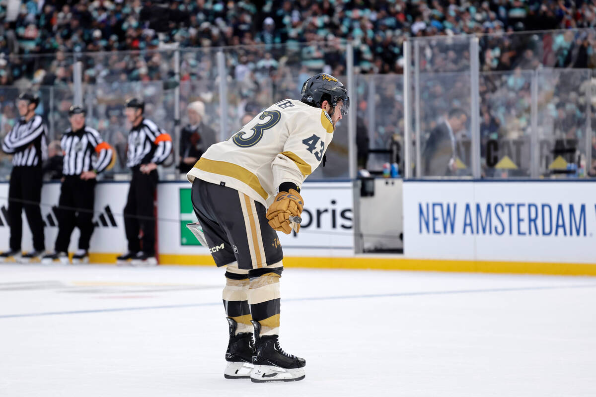 Vegas Golden Knights center Paul Cotter (43) bends over as he skates off the ice after the 3-0 ...