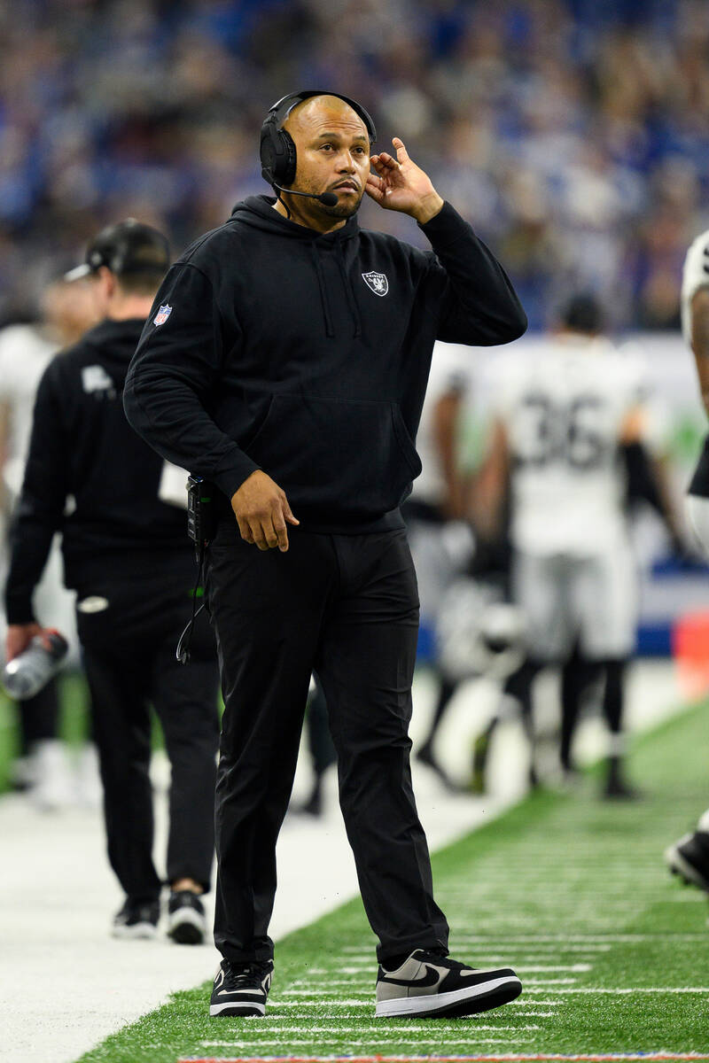 Las Vegas Raiders interim head coach Antonio Pierce on the sidelines during an NFL football gam ...