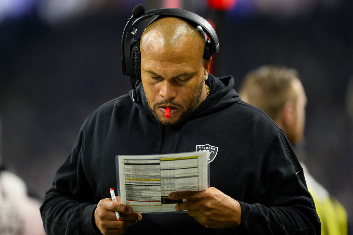 Las Vegas Raiders interim head coach Antonio Pierce on the sidelines during an NFL football gam ...