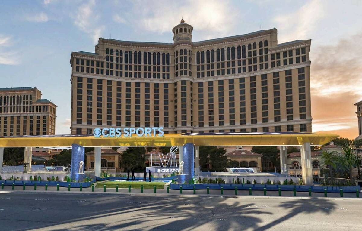 A rendering shows a possible stage setup on the Fountains of Bellagio in Las Vegas for Super Bo ...