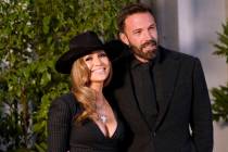 Jennifer Lopez, left, and Ben Affleck arrive at the Ralph Lauren Spring 2023 Fashion Experience ...