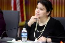FILE - Clark County School Board President Evelyn Garcia Morales listens to testimony during a ...