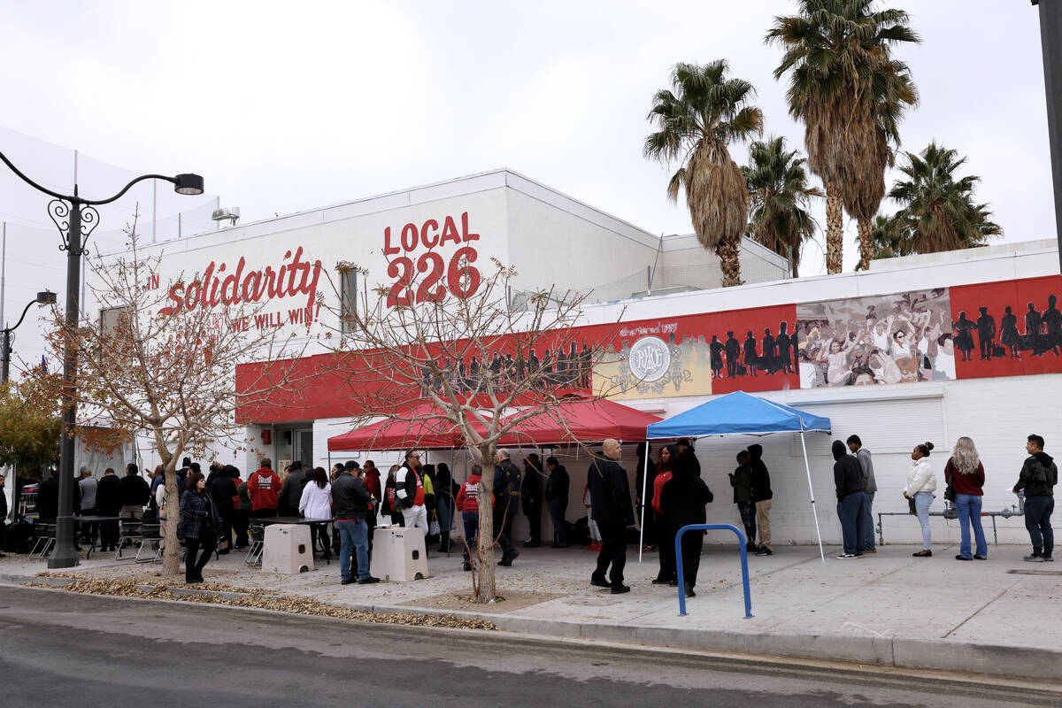 Culinary Union line up to see Vice President Kamala Harris speak to members and guests at union ...