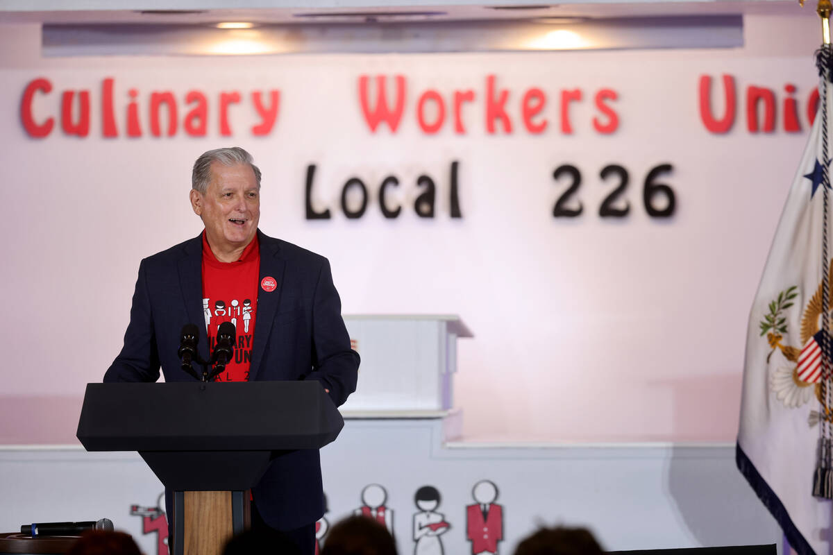Culinary Union Secretary-Treasurer Ted Pappageorge fires up the crowd before Vice President Kam ...