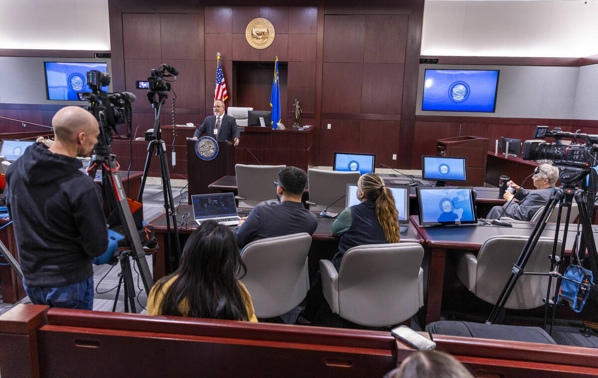 Chief Judge Jerry Wiese II speaks in his courtroom during a press conference by about Deobra Re ...
