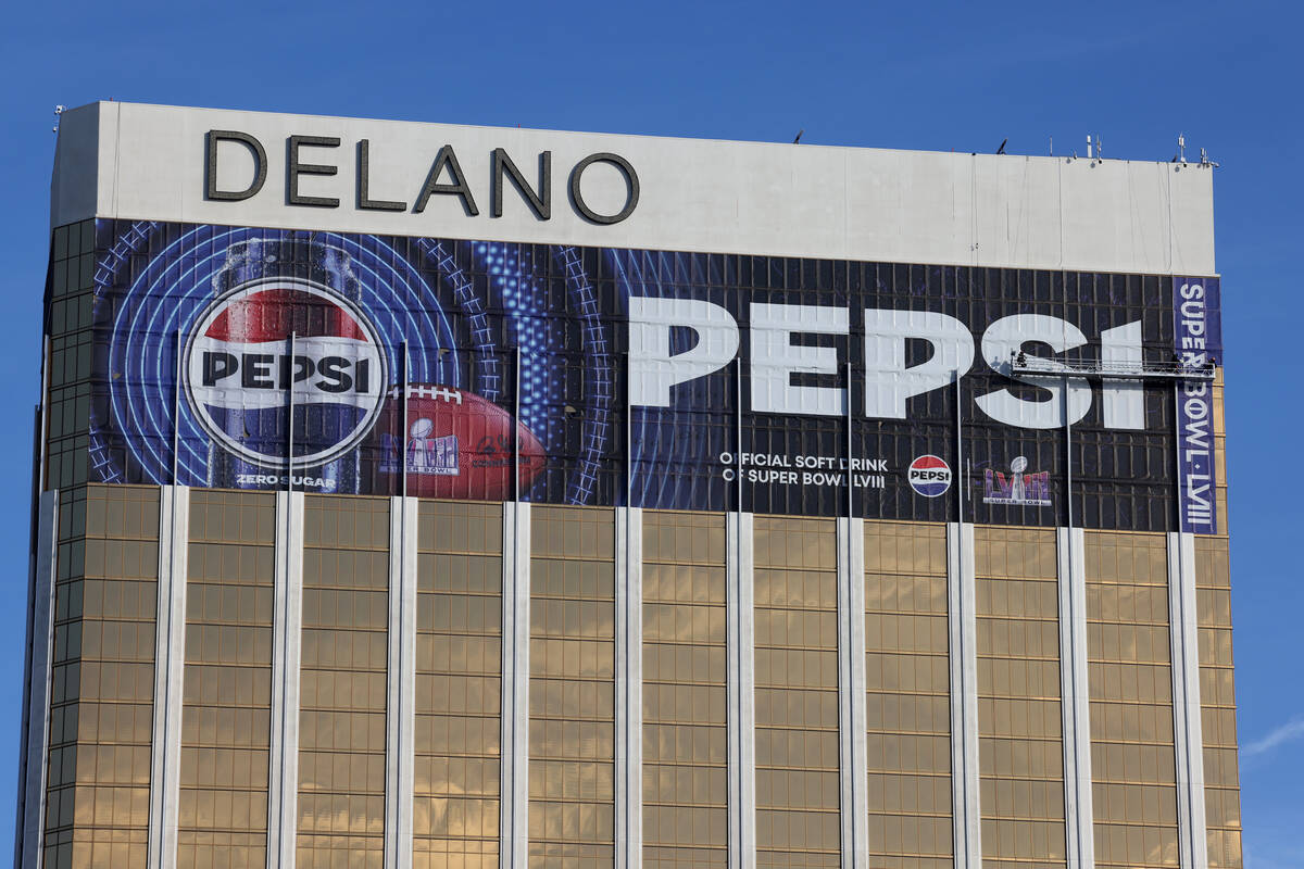 An advertising wrap for Pepsi is seen on the Delano Las Vegas near Allegiant Stadium on Wednesd ...