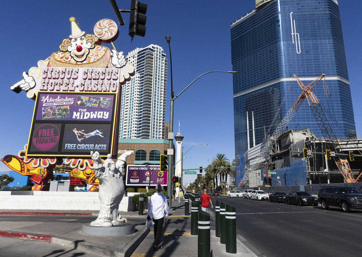 Pedestrians walk past Circus Circus, on Thursday, Oct. 20, 2022, in Las Vegas. (Bizuayehu Tesfa ...