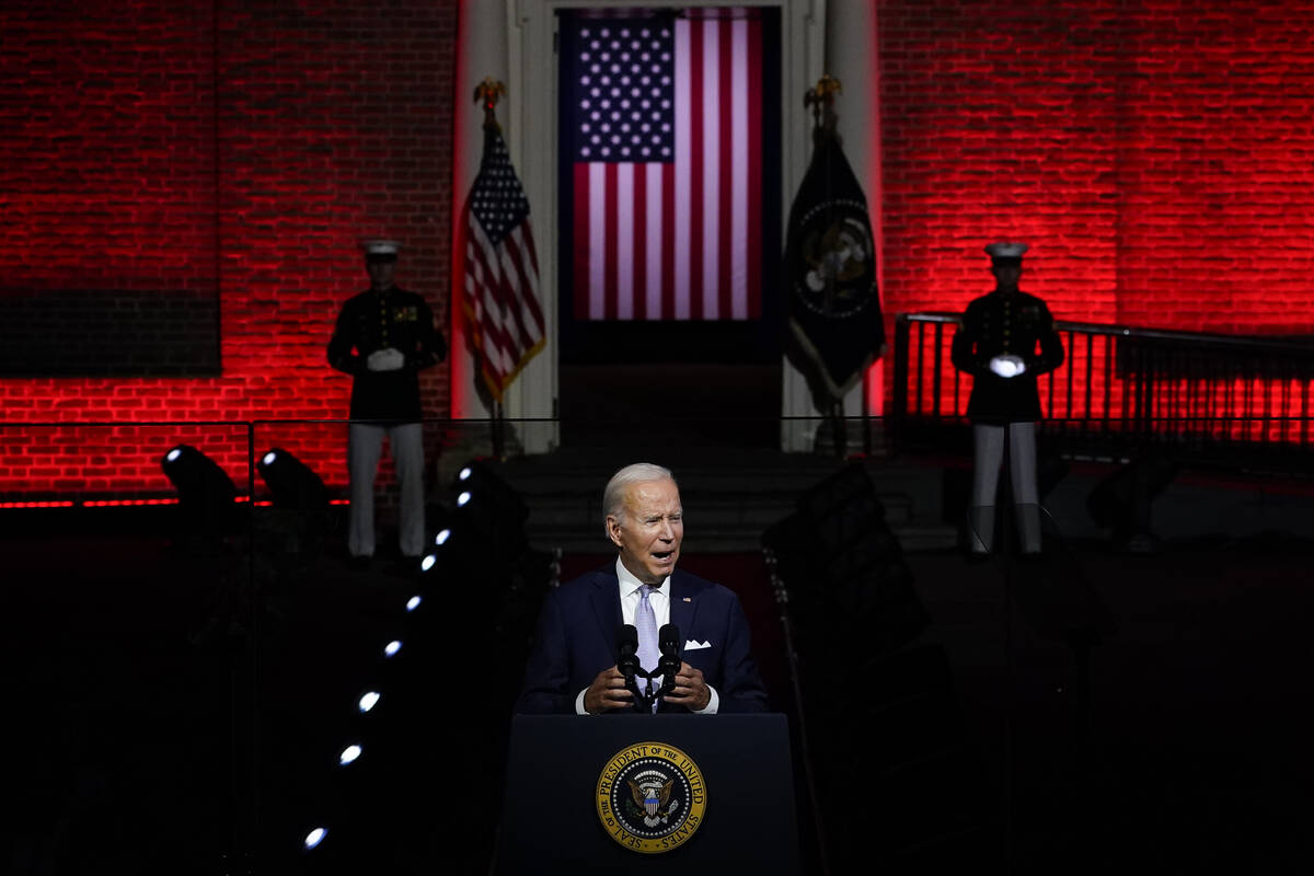 President Joe Biden speaks outside Independence Hall, Thursday, Sept. 1, 2022, in Philadelphia. ...