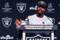 Raiders running back Ameer Abdullah (22) answers a question in a media interview during trainin ...