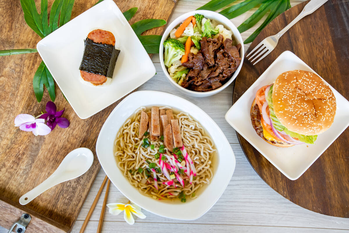 Saimin, Spam musubi, a barbecue beef bowl and a cheeseburger from L&L Hawaiian Barbecue, which ...