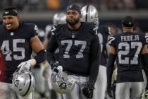Raiders offensive tackle Thayer Munford Jr. (77) on the sideline during the second half of an N ...