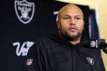 Las Vegas Raiders head coach Antonio Pierce answers questions during a press conference after a ...