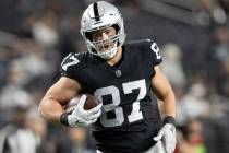Raiders tight end Michael Mayer (87) makes a catch before an NFL game against the Los Angeles C ...