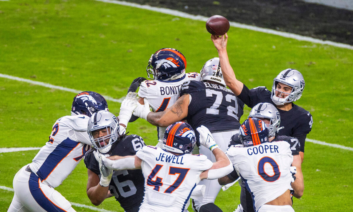 Raiders quarterback Aidan O'Connell (4) gets off a pass as Denver Broncos defenders press in du ...