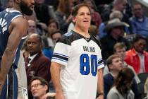 FILE - Dallas Mavericks owner Marc Cuban on the sidelines during the first half of an NBA baske ...