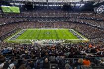 The Raiders kick off to the Denver Broncos in the first half of their NFL game at Allegiant Sta ...