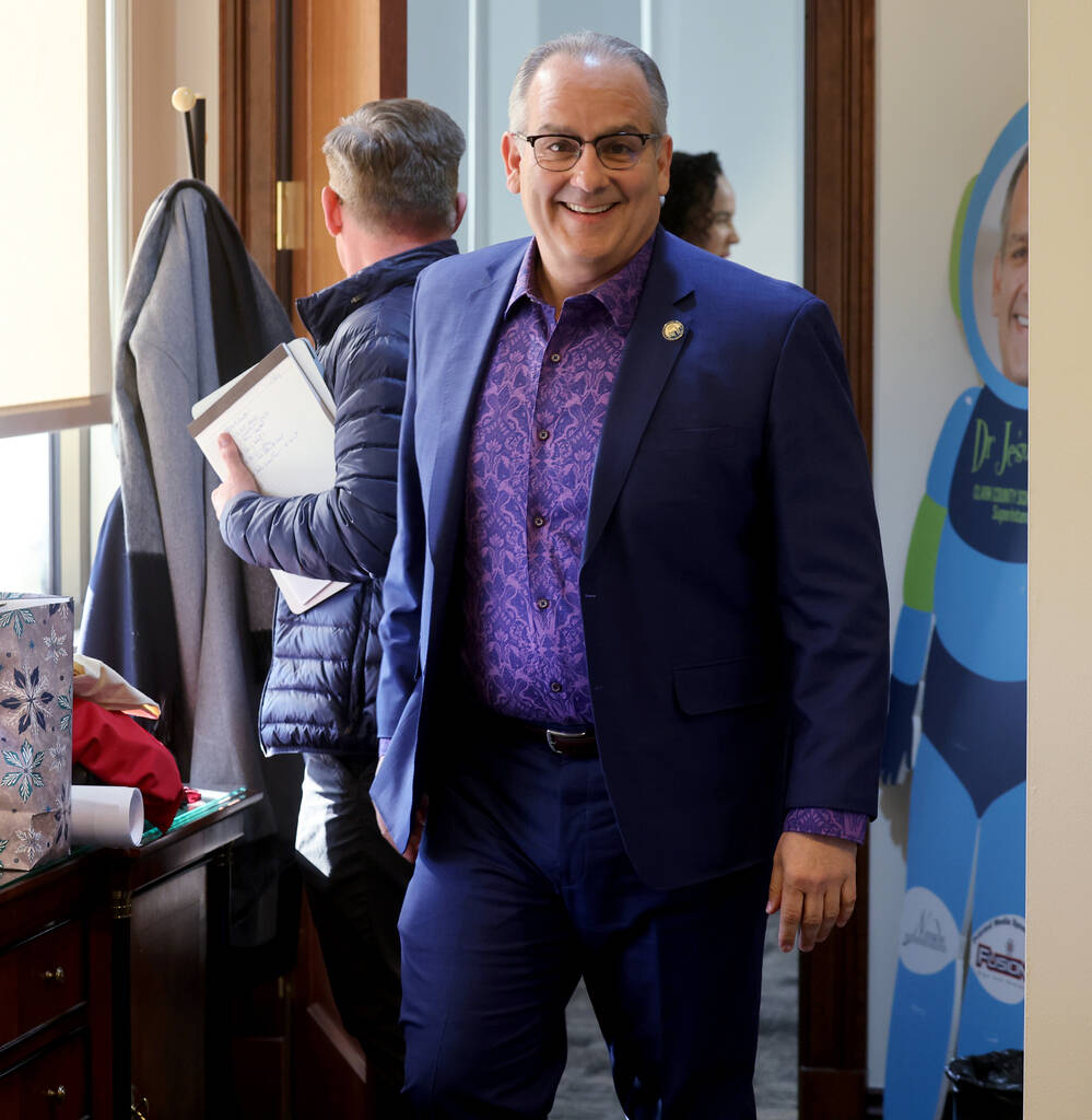 Clark County School District Superintendent Jesus Jara arrives for an interview with the Las Ve ...