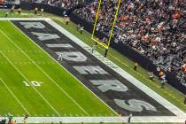 An end zone at Allegiant Stadium is shown before the Raiders' game against the Denver Broncos o ...