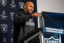 Raiders interim head coach Antonio Pierce answers questions from the media during a news confer ...