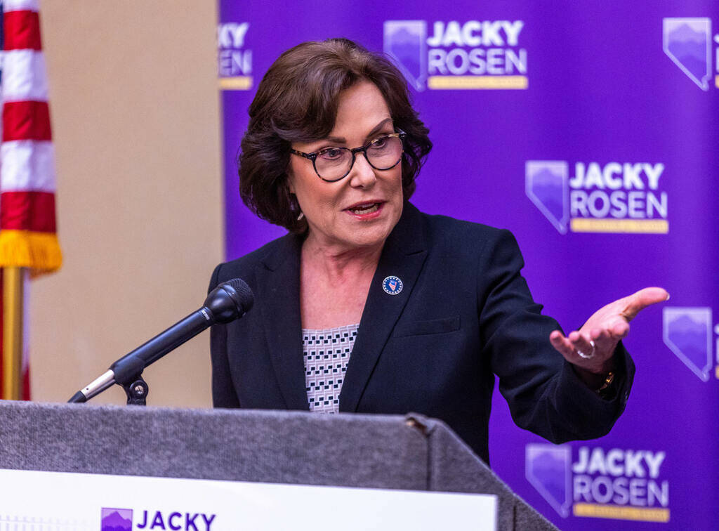 Sen. Jacky Rosen, D-Nev., speaks at a press conference on Friday, Aug. 18, 2023, in Las Vegas. ...