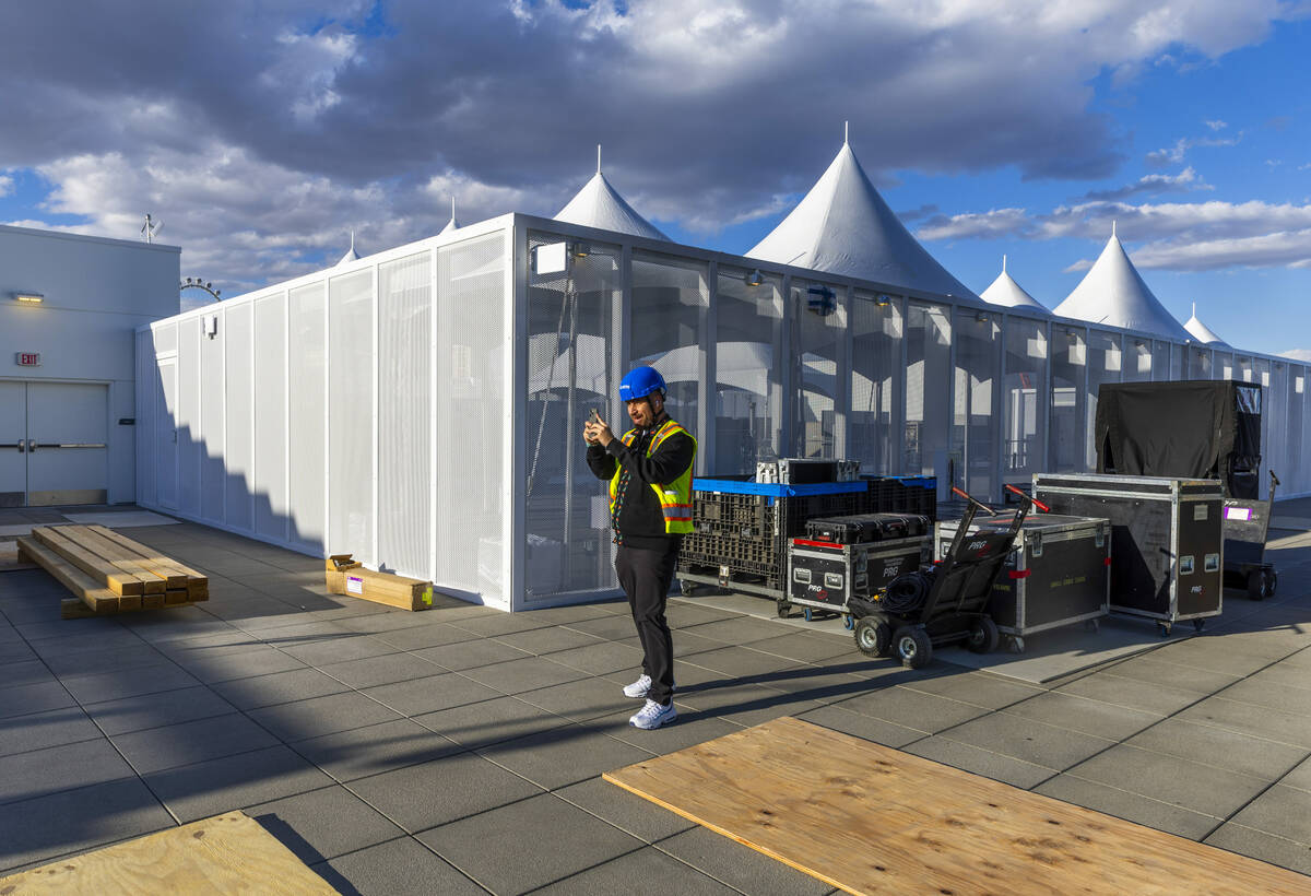 A tented area on the rooftop of the Formula One Las Vegas Grand Prix pit building during a medi ...