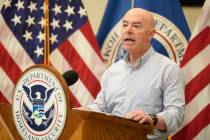 Secretary of Homeland Security Alejandro Mayorkas speaks at a news conference at the U.S. Borde ...