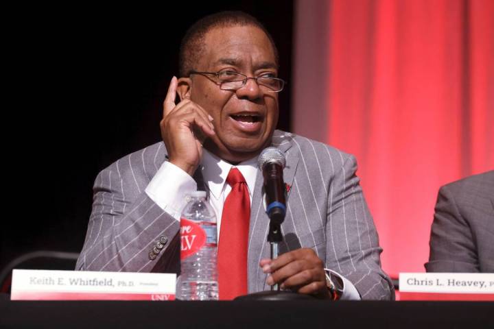 UNLV President Keith Whitfield speaks to faculty and staff during an all hands meeting in the S ...