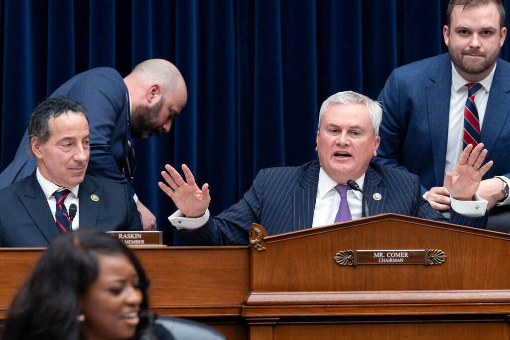 House Oversight and Accountability Committee Chair Rep. James Comer R-Ky., right, speaks as ran ...