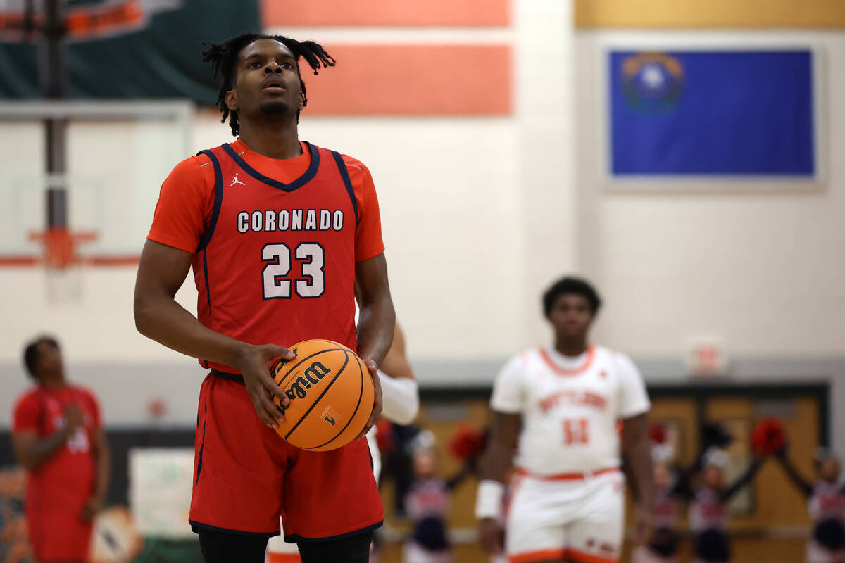 Coronado guard Josiah Cunningham (23) prepares to shoot a free throw during the first half of a ...