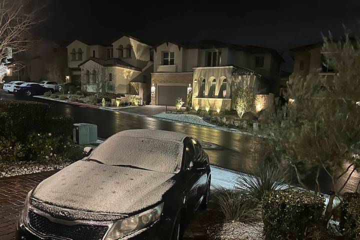 Snow is seen on a vehicle near Fox Hill Park in Summerlin on Thursday, Jan. 11, 2024. (Las Vega ...