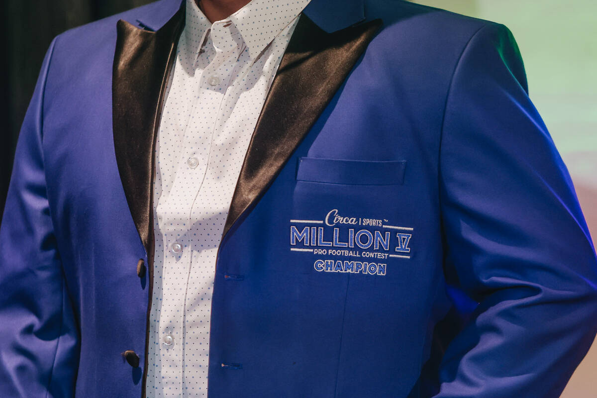 Matt Ste. Marie, the winner of the Circa Millions Contest, wears a jacket given to him by Circa ...