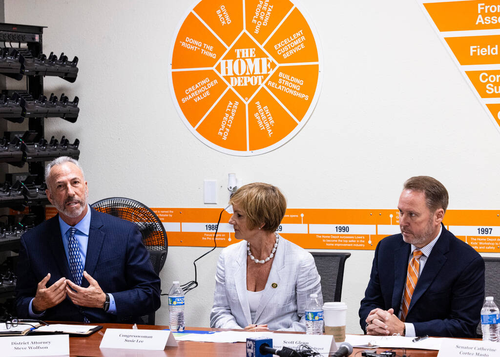 District Attorney Steve Wolfson, speaks as Congresswomen Susie Lee and Scott Glenn, vice presid ...