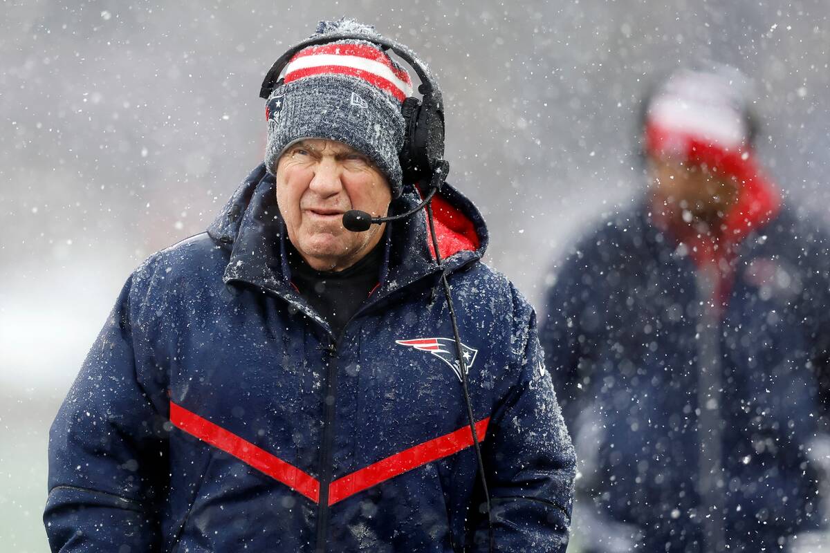 New England Patriots head coach Bill Belichick during the first half of an NFL football game ag ...
