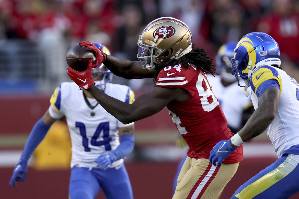 San Francisco 49ers wide receiver Chris Conley (84) grabs for a catch during an NFL football ga ...