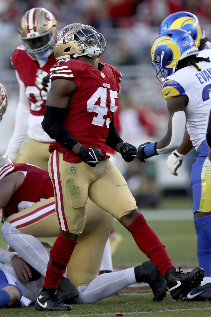 San Francisco 49ers linebacker Demetrius Flannigan-Fowles (45) reacts after a stop during an NF ...