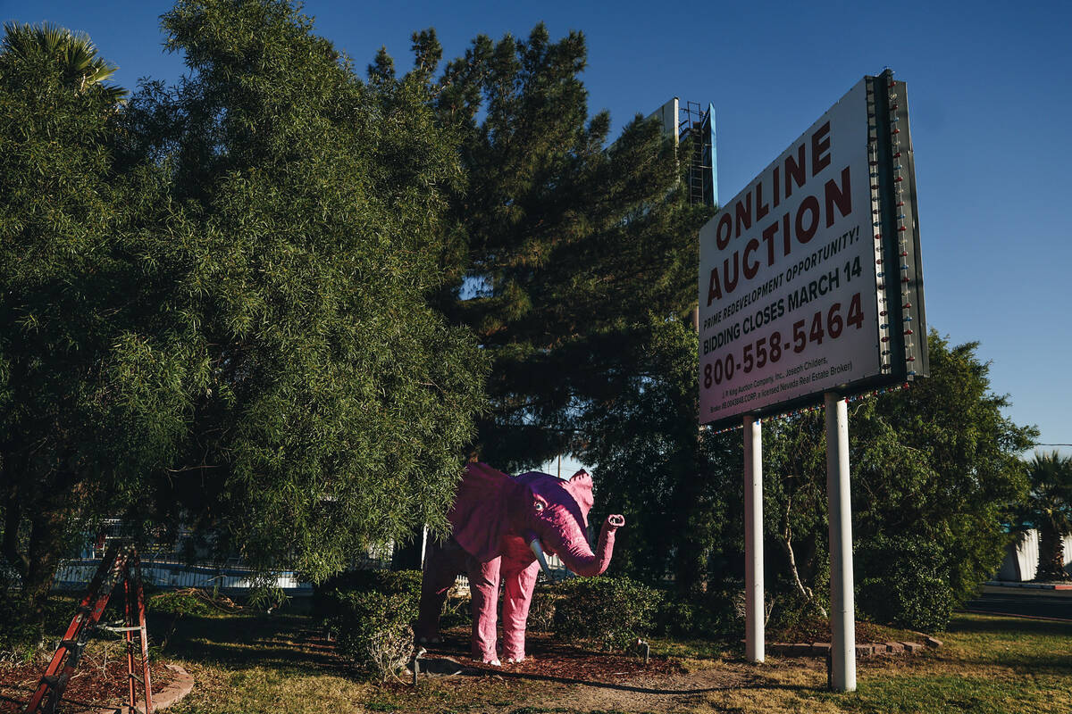 A pink elephant statue is seen at the Diamond Inn Motel on Thursday, Dec. 28, 2023, in Las Vega ...
