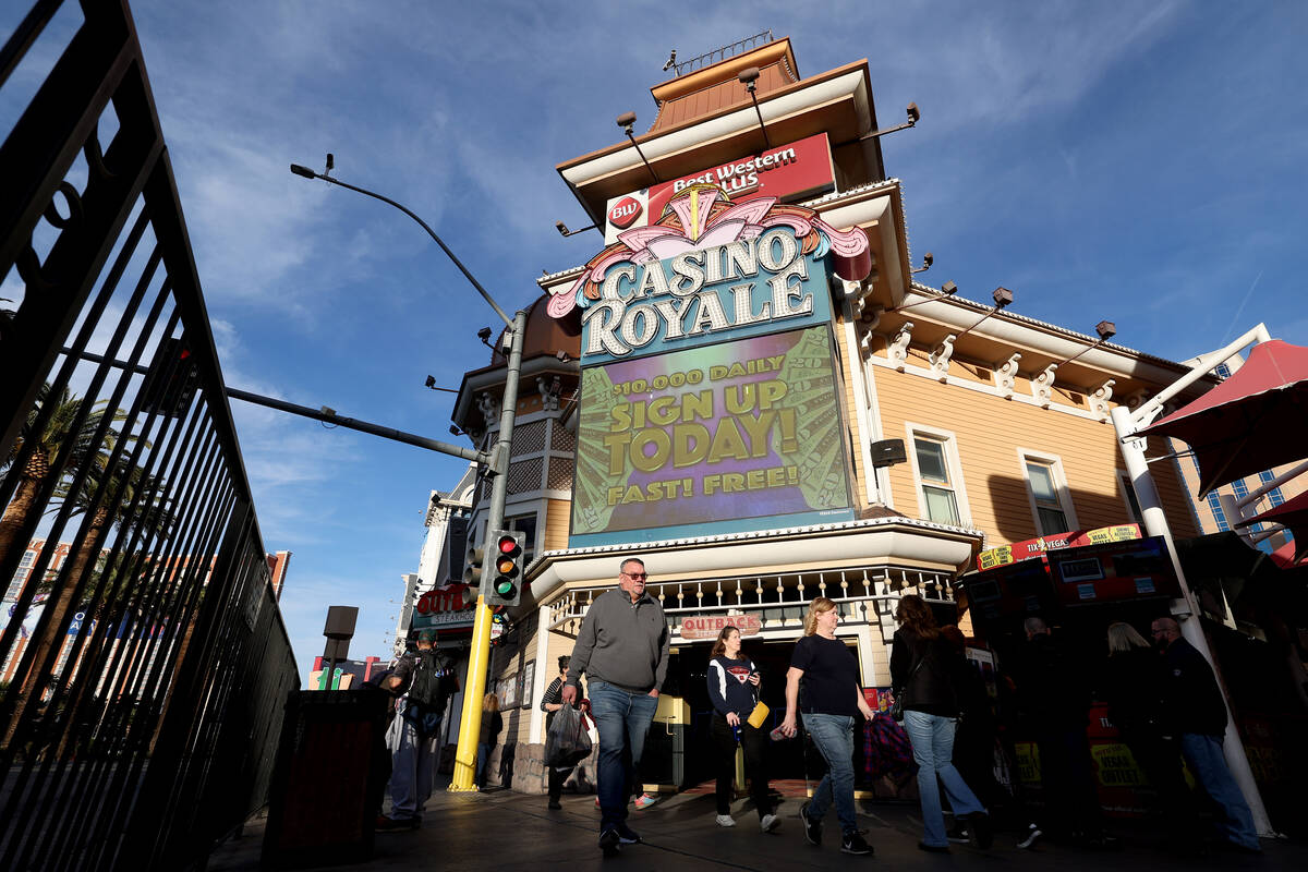 Pedestrians pass Casino Royale on Tuesday, Jan. 16, 2024, in Las Vegas. A Federal Aviation Admi ...