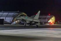 In this image provided on Friday Jan. 12, 2024 by the UK Ministry of Defence an RAF Typhoon air ...