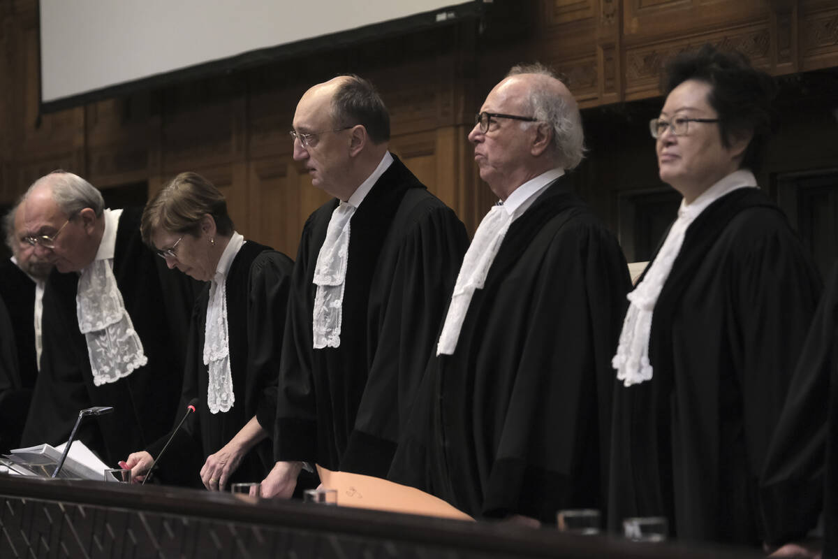 Judges start a hearing at the International Court of Justice in The Hague, Netherlands, Friday, ...