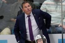 Vegas Golden Knights coach Bruce Cassidy stands behind players during the third period of the t ...